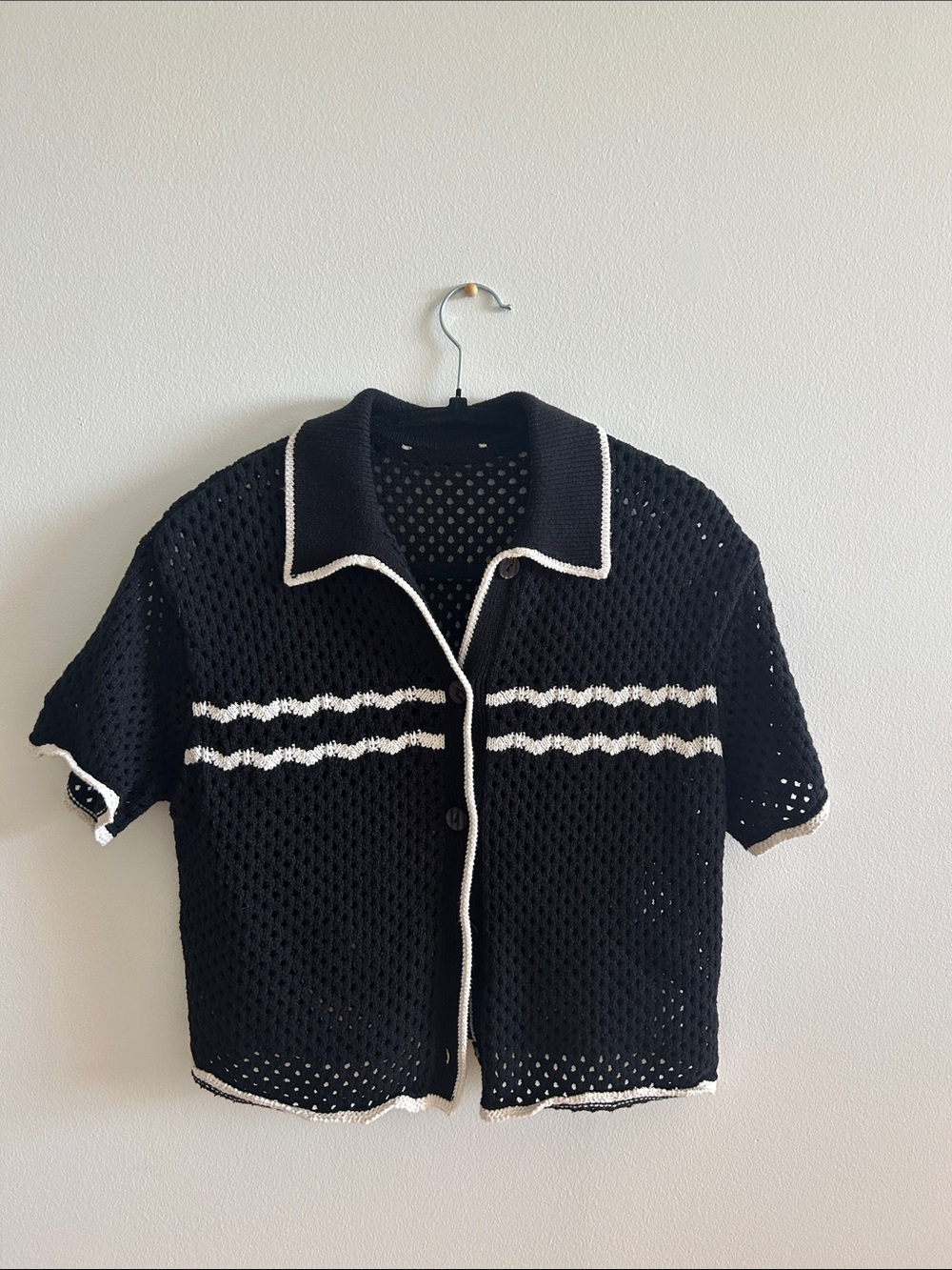 A&F Black Crochet Short Sleeve Button Up with White Collar Trim